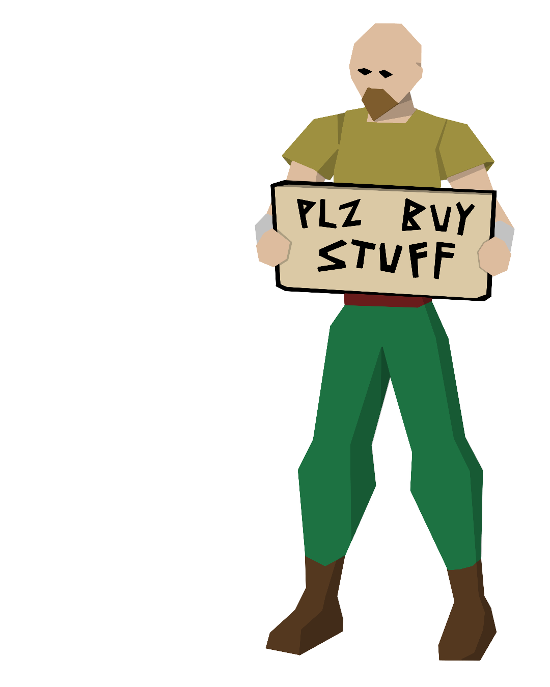 RuneScape-inspired character holding a Please Buy Stuff sign